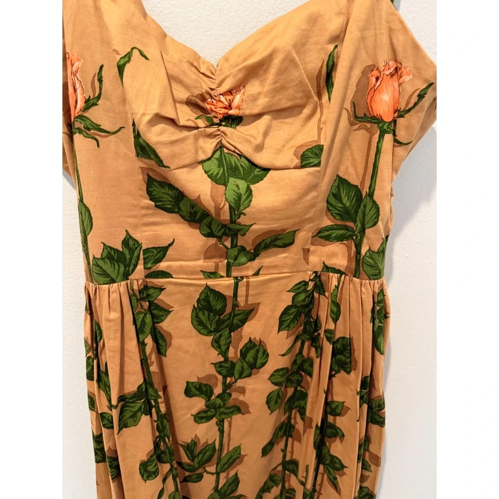Vintage Betsey Johnson New York Rose Print Velvet Strap Dress Tan Green Size 8 - Picture 2 of 6